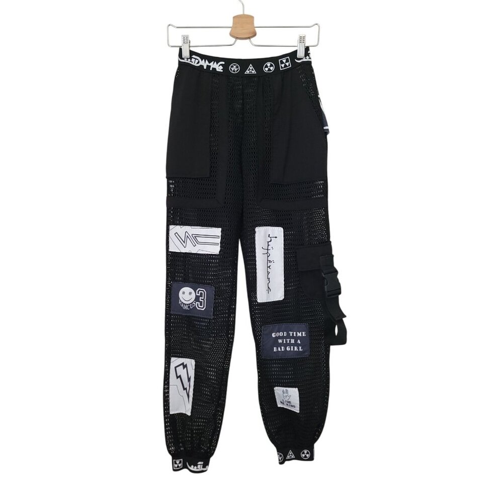 Black Mesh Streetwear Hip Hop Patchwork Cargo Pants w/ Buckle Detail Unisex Sz M